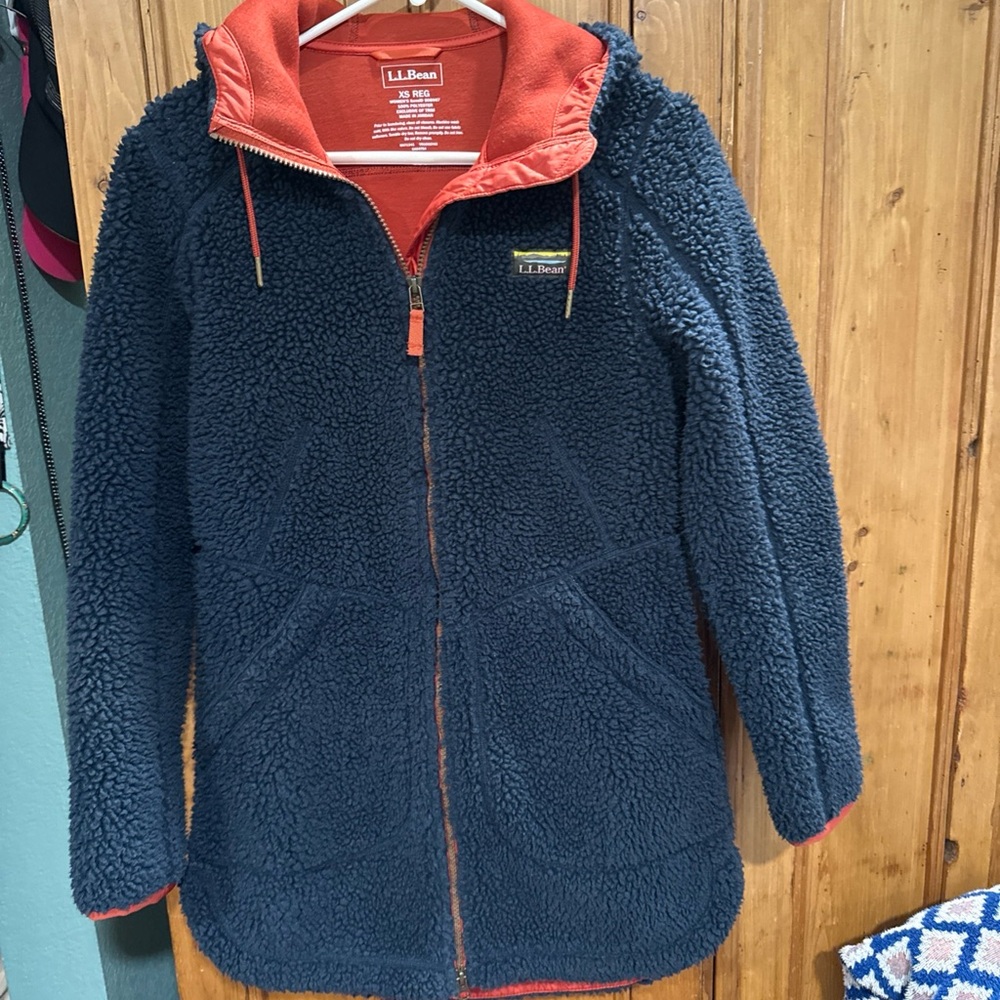 L.L. Bean Navy Blue Fleece Sherpa with Orange Red Accents